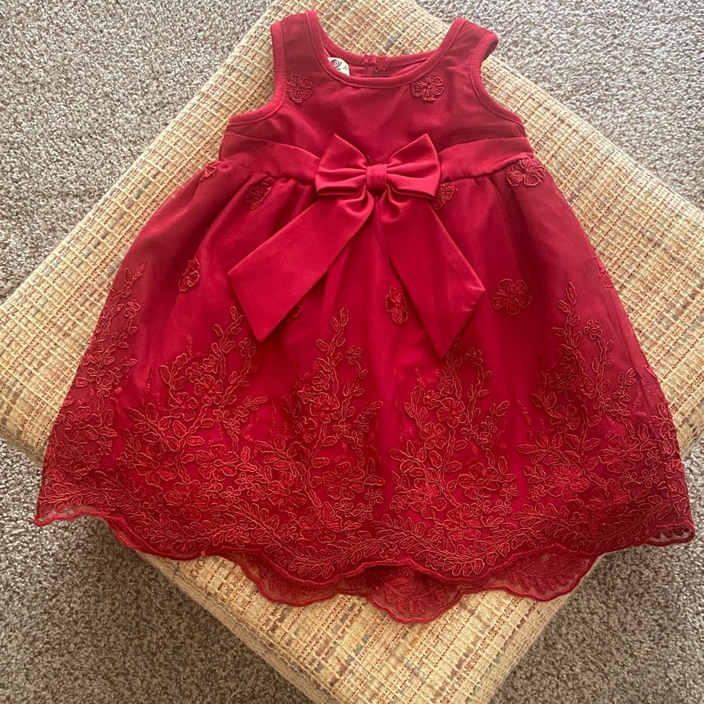 Purple Rose Elegant Ruby Red 18M Girl Dress with Floral Design Lace. Front Bow